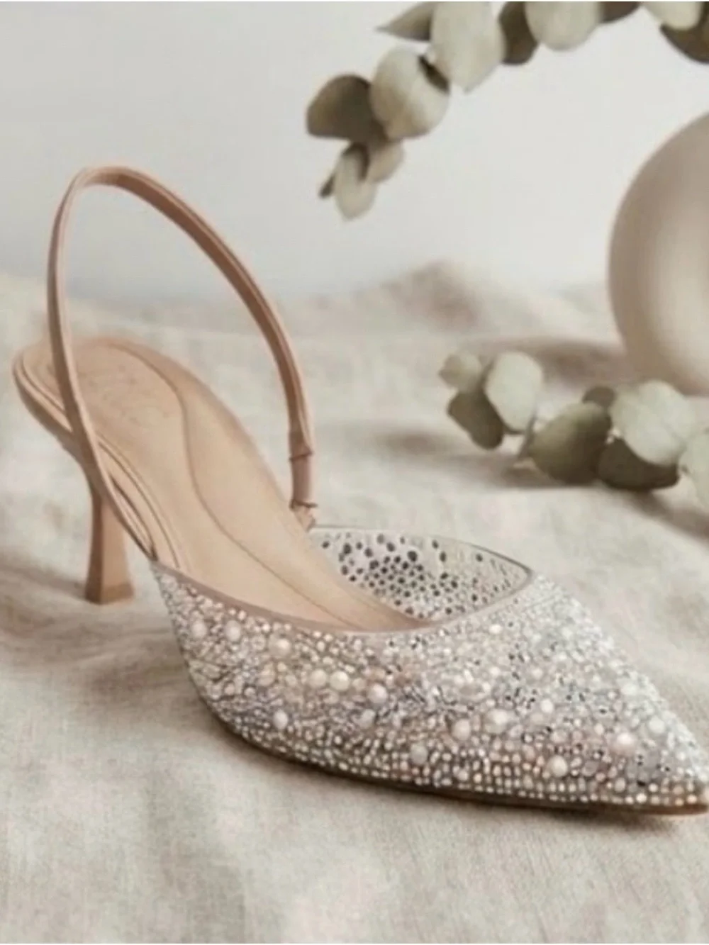 INC International Concepts Pearl & Crystal Embellished Slingback Pumps in Nude